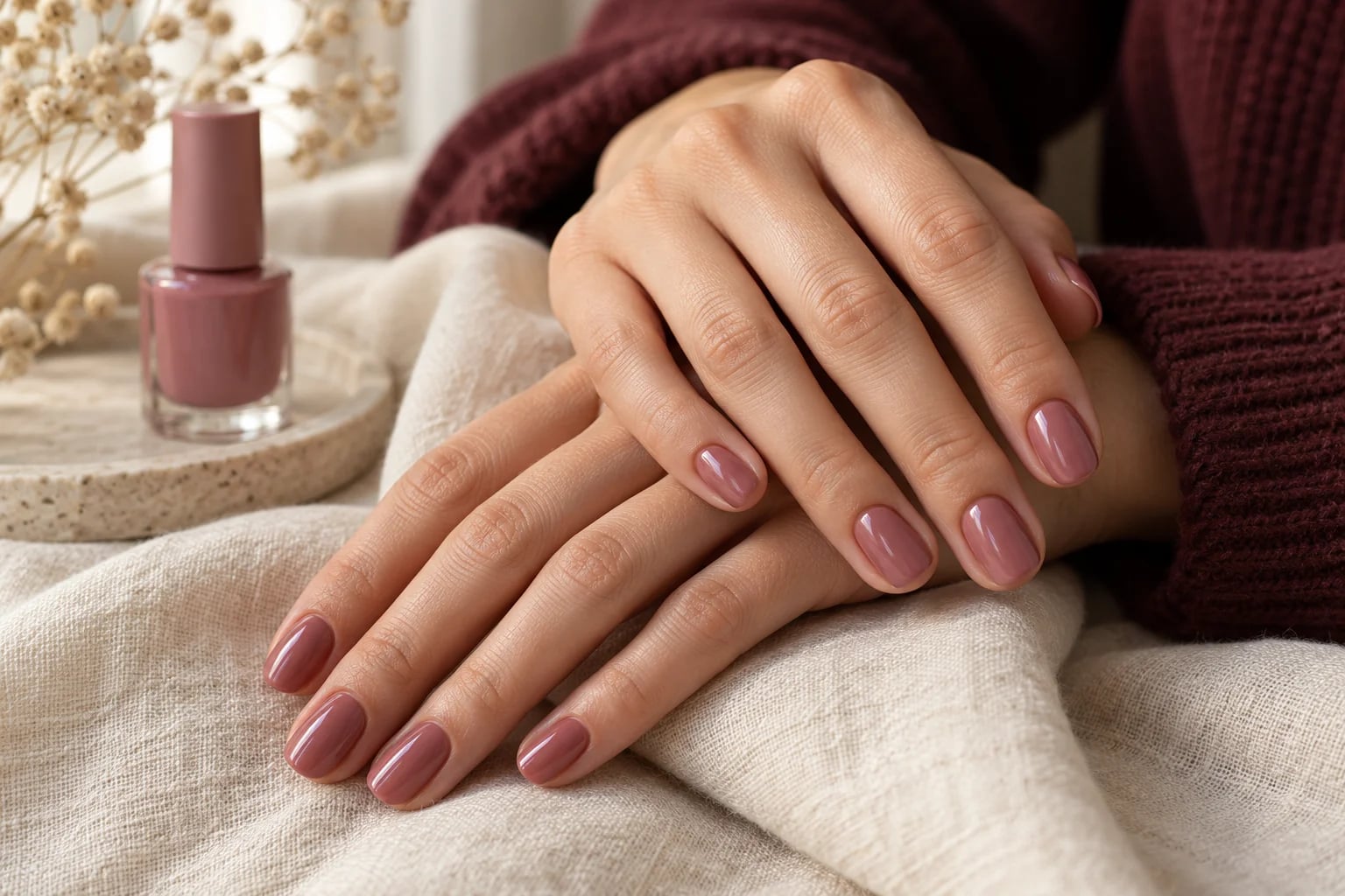 Glossy dusty rose oval nails resting on ivory linen