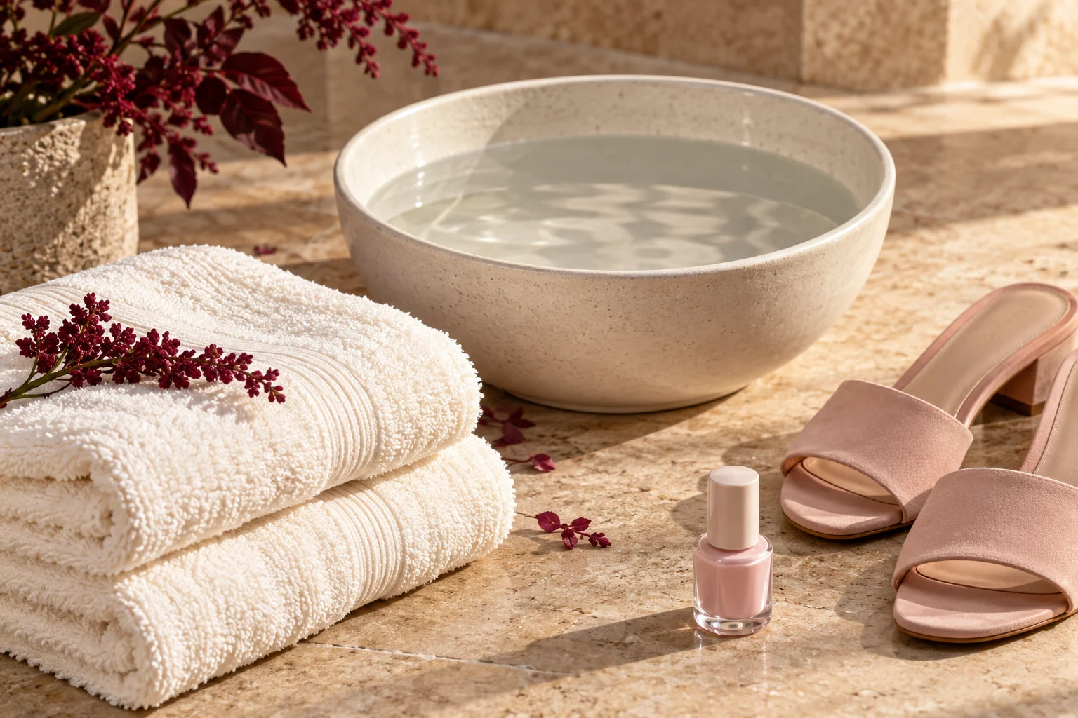 Ivory spa towels, a ceramic water bowl, pink sandals, and pale pink polish