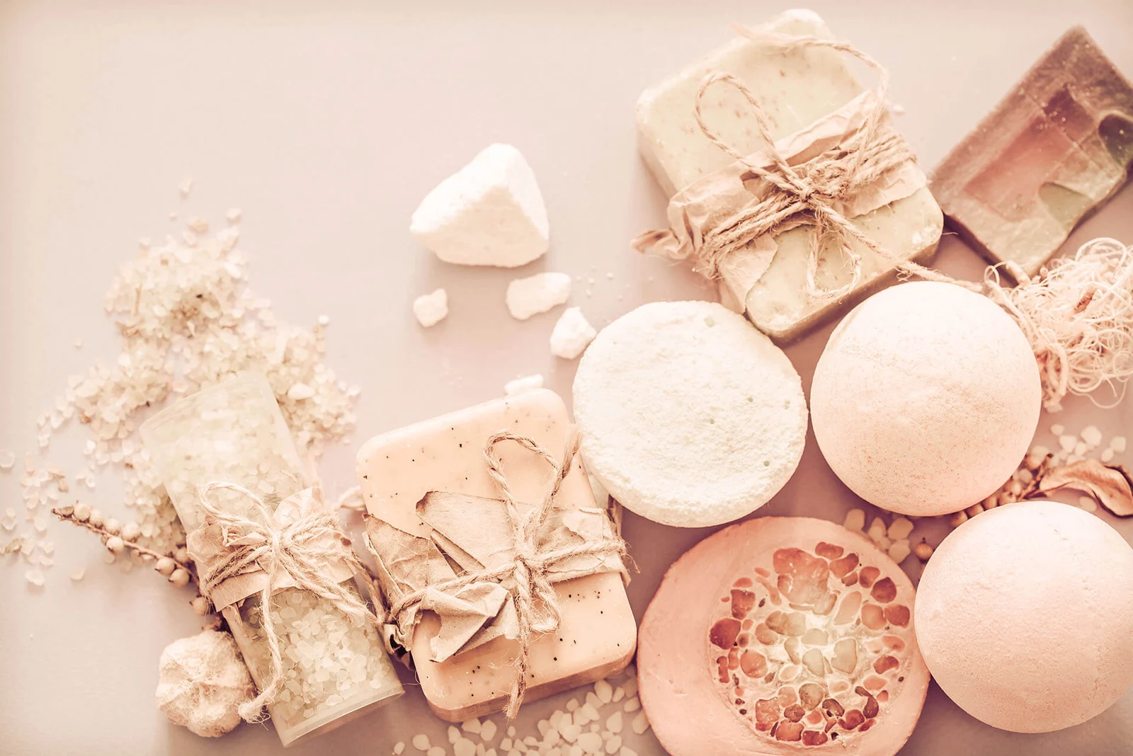 Soft-toned spa soaps, salts, and care essentials